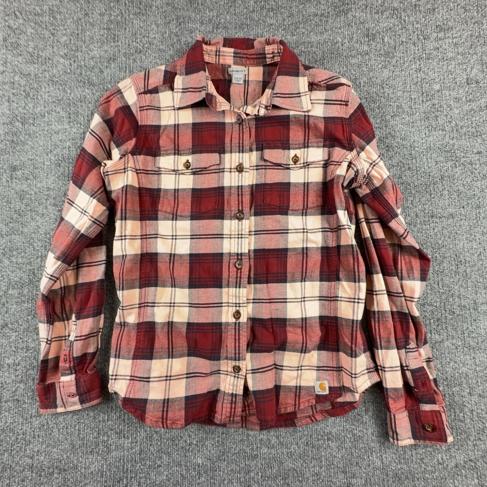 Carhartt Shirt Kids Medium 8/10 Red Plaid Flannel Button Up Cotton Stretch